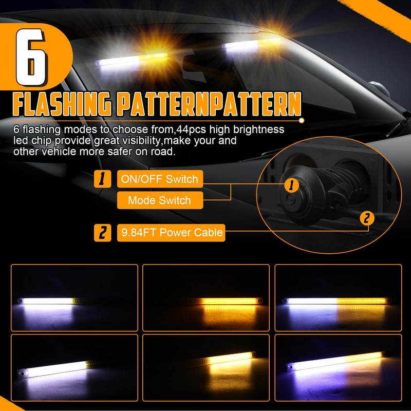 OPPBUY Emergency Dash Strobe Light 6 Flashing Mode Amber White
