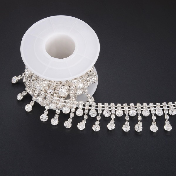 Jerler Rhinestone Tassel Fringe Trim Crystal Close Chain Applique for Sewing Crafts Ideal Wedding Party Clothing DIY Decoration, 2 Yards 0.87"W
