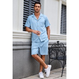 EK4YDNDS Men Pajama Set, Button up Sleepwear Short Sleeve Pjs Soft Lapel Loungewear with Pockets (Grey Blue, L)