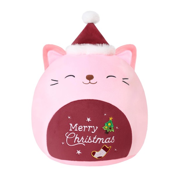 SQEQE Cat Stuffed Animal Pink Christmas Cat Plush Wearing Christmas