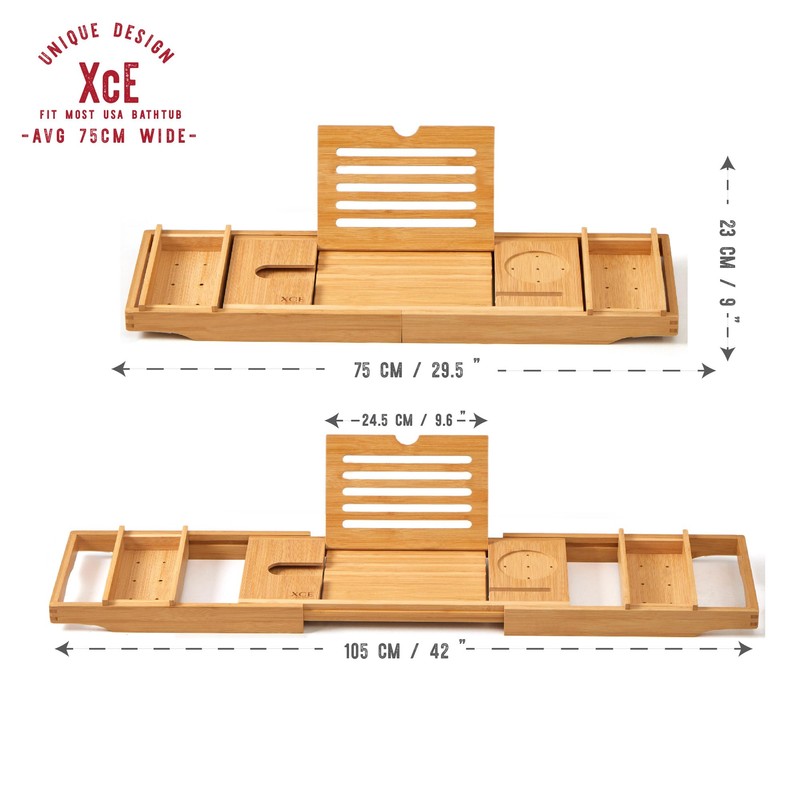XcE Bamboo Bathtub Caddy Tray - Expandable to 41 Inches