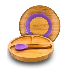 Ecowood® Plato Extendido de Bambú con Divisiones para Bebe y Niño - Con Base de Silicona Succión Adherente y Antiderrapante (Morado)