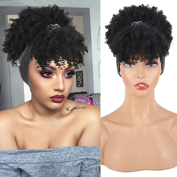 Jolelyne Gray Headband Wigs for Black Women,Afro Headband Wig Synthetic Short Curly Wigs Afro Kinky Curly Black Wig with Bangs Wrap Wigs 2 in 1 Head Wrap Wig with Headband Attached Turban Wig High puff