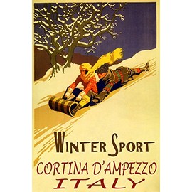 Cortina D'AMPEZZO Italy Winter Sport Family Fun Sledding Down Snow Hills Toboggan Bobsled 20" X 30" Vintage Poster ON Canvas REPRO WE Have Other Sizes