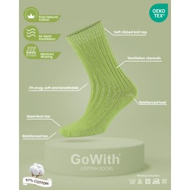 GoWith 4 Pairs Unisex Natural 97% Cotton Crew Socks, Comfy Cozy Breathable Seamless Casual Socks for Men & Women, Green, Medium, Model 3014