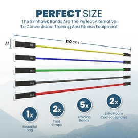 SKINHAWK Premium Fitness Bands, Resistance Bands, 5 Resistance Bands, Fitness Band with Robust Handle, Ankle Strap, Carry Bag, Door Anchor Attachment, Training Plan up to 150 lbs Indoor/Outdoor
