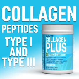 Giant Sports Péptidos de Colágeno | Plus Beta Glucano (WELLMUNE®) | Fuentes Bovinas Alimentadas con Pasto y Criadas en Pastos | Sabor Mora Azul | 30 ser | 450 gr