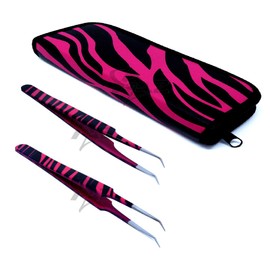 SET OF 2 Stainless Steel Pink Black Zebra 3D Eyelash Extension Tweezers Pro Straight Angled + A type Angled Fine Point (A2Z)