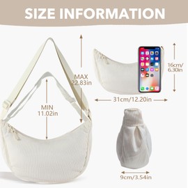 GoPaw Women's Corduroy Crossbody Bag, Crescent Moon Bag, Corduroy Shoulder Bag, Women's Crescent Moon Bag, Shoulder Bag with Shoulder Strap, Adjustable Casual Corduro, cream