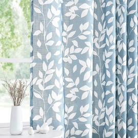 Treatmentex White Blue Curtains for Living Room 84" Length Leaf Print Semi-Sheer Curtains for Kitchen Windows, Grommet Top, 2 Pack