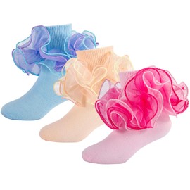 MKYSZLT Toddler Girls Ruffle Socks Girl Black Lace Frilly Dress Socks Turn Cuff Sock with Big Ruffles for Baby Little Kids (US, Age, 8 Years, 10 Years, 3 pairs - sky blue,pink,ivory)