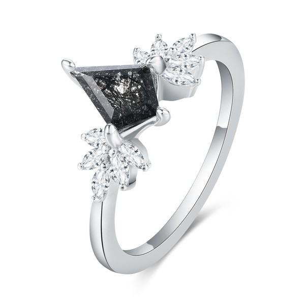 IRROYA 1.35 CT Natural Black Rutile-Quartz Promise Rings Kite Cut