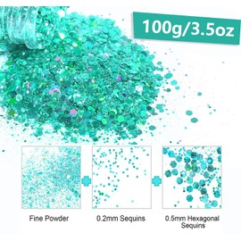 HEMOER Holographic Chunky Glitter, 100g Turquoise Chunky Sequins Glitter, Cosmetic Craft Glitters for Resin, Face, Nail, Body, Crafts, Slime Festival Party Art and More-3.52oz/Bottle