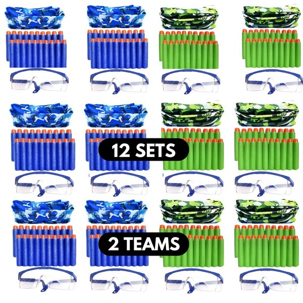 wishery Nerf Party Supplies & Favors -12 Kids. Compatible with Nerf Guns N - Strike Elite Dart War Birthday Party Accessories Pack for Boys. Bullets, Safety Glasses, Face Masks for 2 Teams.