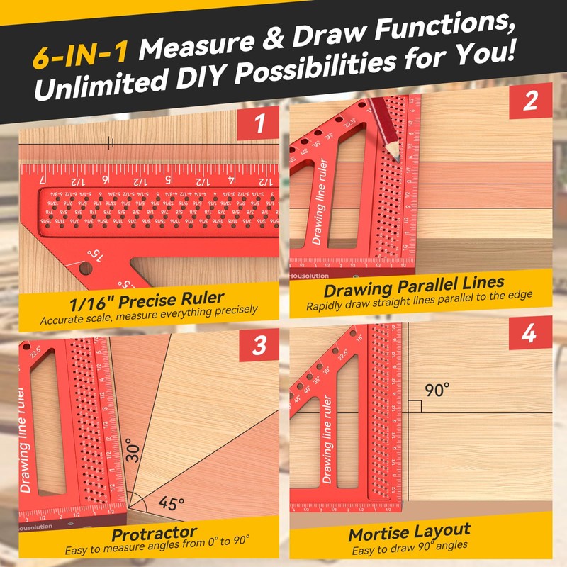 Housolution 8.5Inch 3D 6-in-1 Carpenter Square (1/16" Precision), 0-90° Aluminum