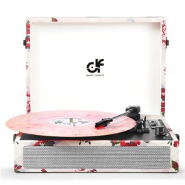 Vinyl Record Player Bluetooth with Built-in Speakers, Vintage Portable Turntable 3 Speed with USB Recording Headphone/RCA/AUX Jack Floral Record Player White