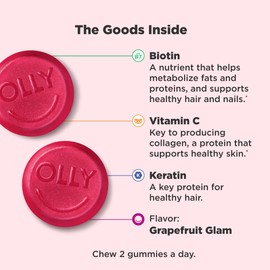 OLLY Undeniable Beauty Gummy, for Healthy Hair, Skin & Nails,* Biotin, Vitamins C & E, Keratin, Chewable Supplement, Grapefruit Flavored, 60 Day Supply - 120 Count