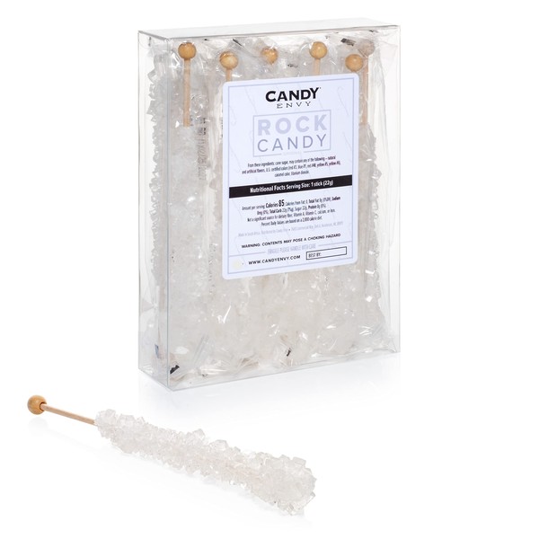 Candy Envy White Rock Candy Crystal Sticks - Original Sugar Flavored - 12 Indiv. Wrapped