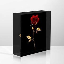 NOHSHE Acrylic Crystal Decoration Red Rose, Golden Leaves - Women Congratulations & Valentine's Day Presents 4x4inch