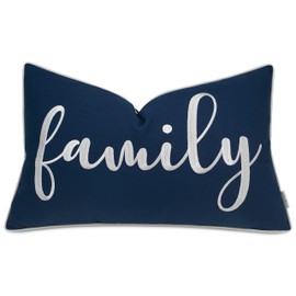 YugTex Family Embroidered Decorative Lumbar Accent Throw Pillow Cover - 12x20 Inches, Navy Blue-Ivory