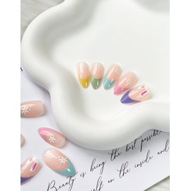 Easter Press on Nails Medium Stiletto Colorful French Tip Fake Nails Full Cover False Nails with Bunny and Flower Designs Cute Glossy Acrylic Nails Artificial Nails for Women Girls 24 Pcs