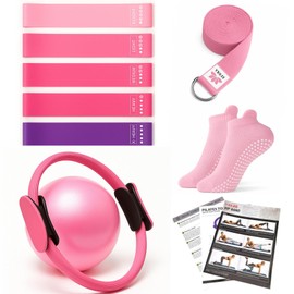 YXILEE Pilates Ring Circle Set - Workout at Home Workout Equipment Women - Booty Bands Stretching Equipment Pilates Mini Exercise Ball for Legs Arms and Thighs (Pink)