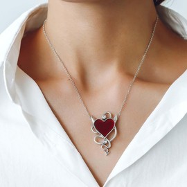 Inilbran Boho Crystal Heart Choker Necklace Silver Heart Wings Necklace Choker Red Enamel Love Heart Necklace Vintage Heart Pendant Necklace Jewellery for Women and Girls, Zinc