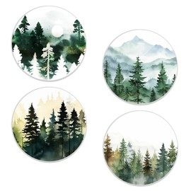 Drinks Coasters Set of 4, Watercolor Misty Forest Round 4" Cup Coasters, Absorbent Ceramic Stone Coasters with Cork Base, Cute Coasters for Table Home Décor, Ideal Gifts for Women Men