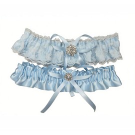 Juego de liga de boda para novias con encaje floral y diamantes de imitación en la pierna de satén con lazo de algo azul, accesorio de novia, azul claro