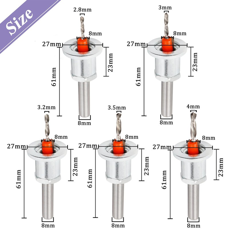 Treki 5Pcs Countersink Drill Bit Kit, 8mm Round Shank Adjustable