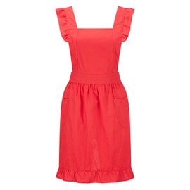 Hyzrz Retro Adjustable Ruffle Aprons with Pockets for Women Girls Vintage Cross Back Pinafore Dress Maid Costume Apron (Red, Adjustable)