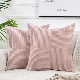 Fancy Homi 2 Packs Blush Pink Decorative Throw Pillow Covers 22x22 Inch for Living Room Couch Bed Sofa, Rustic Farmhouse Boho Home Decor, Soft Corss Corduroy Patchwork Accent Cushion Case 55x55 cm