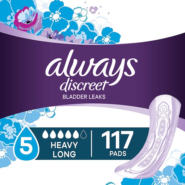 Always Discreet Incontinence Pads for Women, Maximum Absorbency, Long Length,(117 Total Count),39 Count (Pack of 3) (Packaging May Vary)