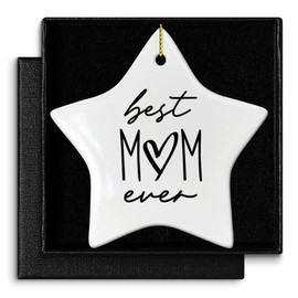 Mom Christmas Ornament Gift, Best Mom Ever, Mother's Day Birthday Keepsake Ornament Gift for Mother from Daughter Son Kids, Christmas Tree Star Shape Ceramic Ornament Decor