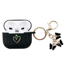 AIIEKZ Compatible with AirPods 3 Case Cover 2021, Soft Silicone Case with Gold Heart Pattern for AirPods 3rd Generation Case with Cute Butterfly Keychain for Girls Women (Glitter Black)