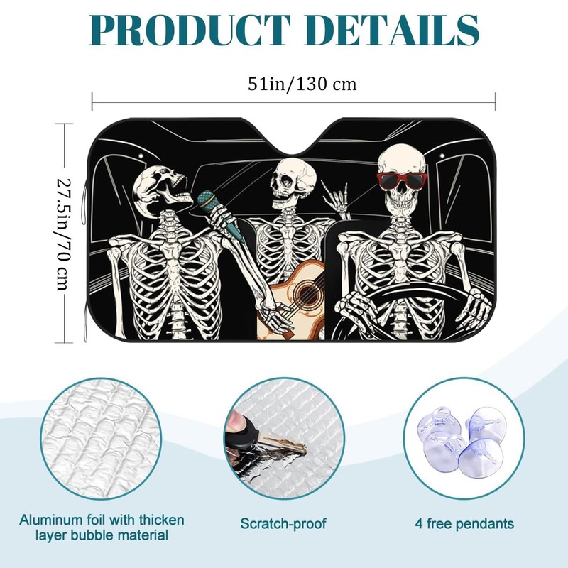 Funny Skull Car Windshield Sunshade for Big Cars, Skeleton Sun