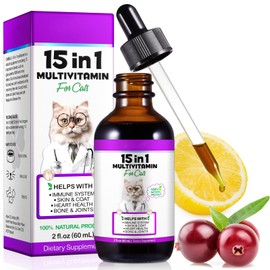 15 in 1 Multivitamin Drops for Cats,Cat Vitamin and Supplements with Glucosamine & Cranberry- Cat Multivitamins Liquid Supports Immune Health, Skin, Coat, Heart Health, Hip & Joint