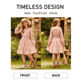 GRACE KARIN Girls Fall Dress Floral Print Long Sleeve Midi Burnt Orange Dresses with Smocked Waist for Party Holiday Size 8-10