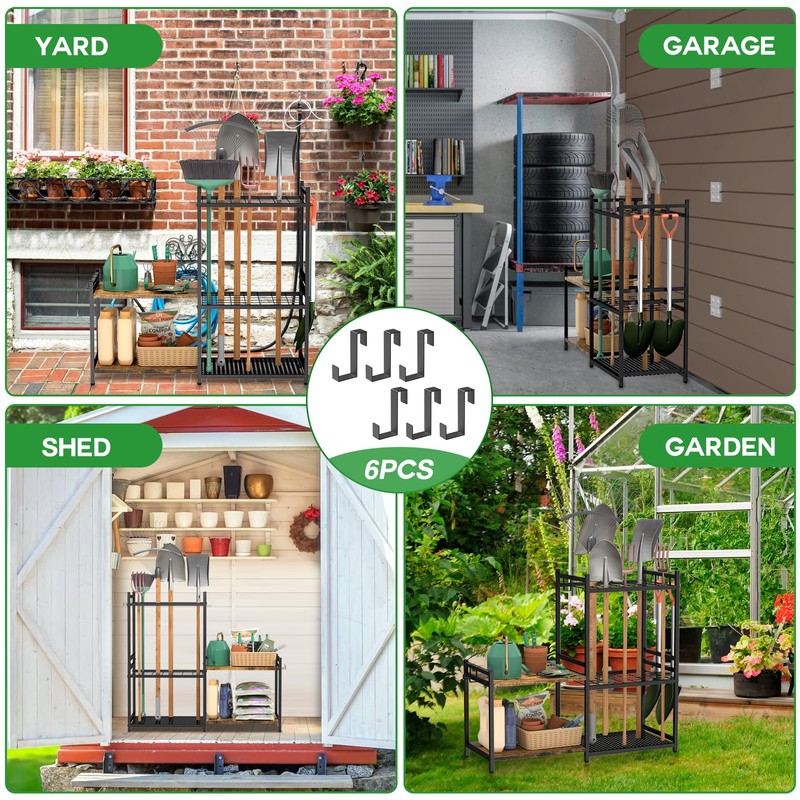 DAOUTIME Garage Tool Organizer with 2-tier Wooden Shelves, Yard Tool