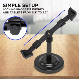 LyxPro Cell Phone Tablet Stand Holder clip on Grip For Table Or Desk, Adjustable 360 Degree Rotating Swivel Angle Fits 5.5-7.2 Inch, Portable Non Slip Weighted Base, Secured Locking Arms -LYXATDPM