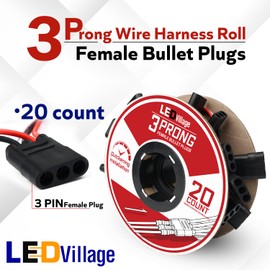 Ledvillage 20 Counts of 3 Prong Female Bullet Plug Wiring Harness Continuous Wire Harness Roll (6.5" Lead Spacing Between Plugs) 3 Prong Socket Plug