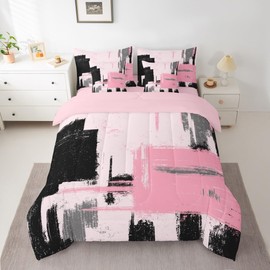 Feelyou Abstract Bed Set Includes Comforter, Sheet Set, Pillowcases & Pillow Covers Modern Abstract Art 7 Piece Bedding Set Children Pink Black Pattern Bedding Set King Size