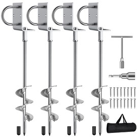 Phopich Multi-Purpose Ground Anchors Screw in, Fully Welded Heavy Duty Trampoline Stakes with Brackets, T-Wrench and Adapter for Drill, Earth Anchor kit for Mobile Home, Trampoline, Shed 4Pack