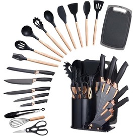 DANFFI - Kitchen Utensils Set - Silicone Cooking Utensils, Non-Toxic Spatula Set, Kitchen Tools, Cutting Board, Black cooking utensils set (Black)