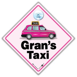 Gran's TAXI Sign, Gran's Taxi Car Sign, Suction Cup Grans Taxi Sign, Pink London Black Taxi Cab Sign 14cm x 14cm