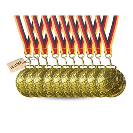 Carlso Gold Medals Set, 10 Pieces, with Tri-Colour Ribbon, 50 mm Diameter, for Birthday Tournament, Party Bags, Football Medals, Price (FUSS3, 10)