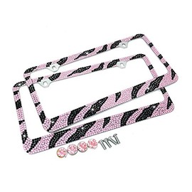 JR2 Premium 2 PCS Shining Crystal License Plate Frame+Free Crystal Cap+Screw (Pink Zebra)