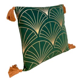 Moroccanity Art Deco Emerald Green velvet Copper gold cushion cover with tassels, art deco pillow, gold green cushion cover, velvet pillowcase, 43x43cm