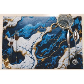MARBLELIZED - Washable American Placemats, Blue Marble Effect Fabric Placemats, Set of 6 (30 x 45 cm) - Elegant, Ideal for Breakfast, Lunch and Dinner, Gift Idea, 100% Made in Italy