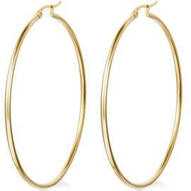 Flongo Ladies Golden Stainless Steel Big Large Round Plain Loop Earrings Anti Allergy, Stainless Steel